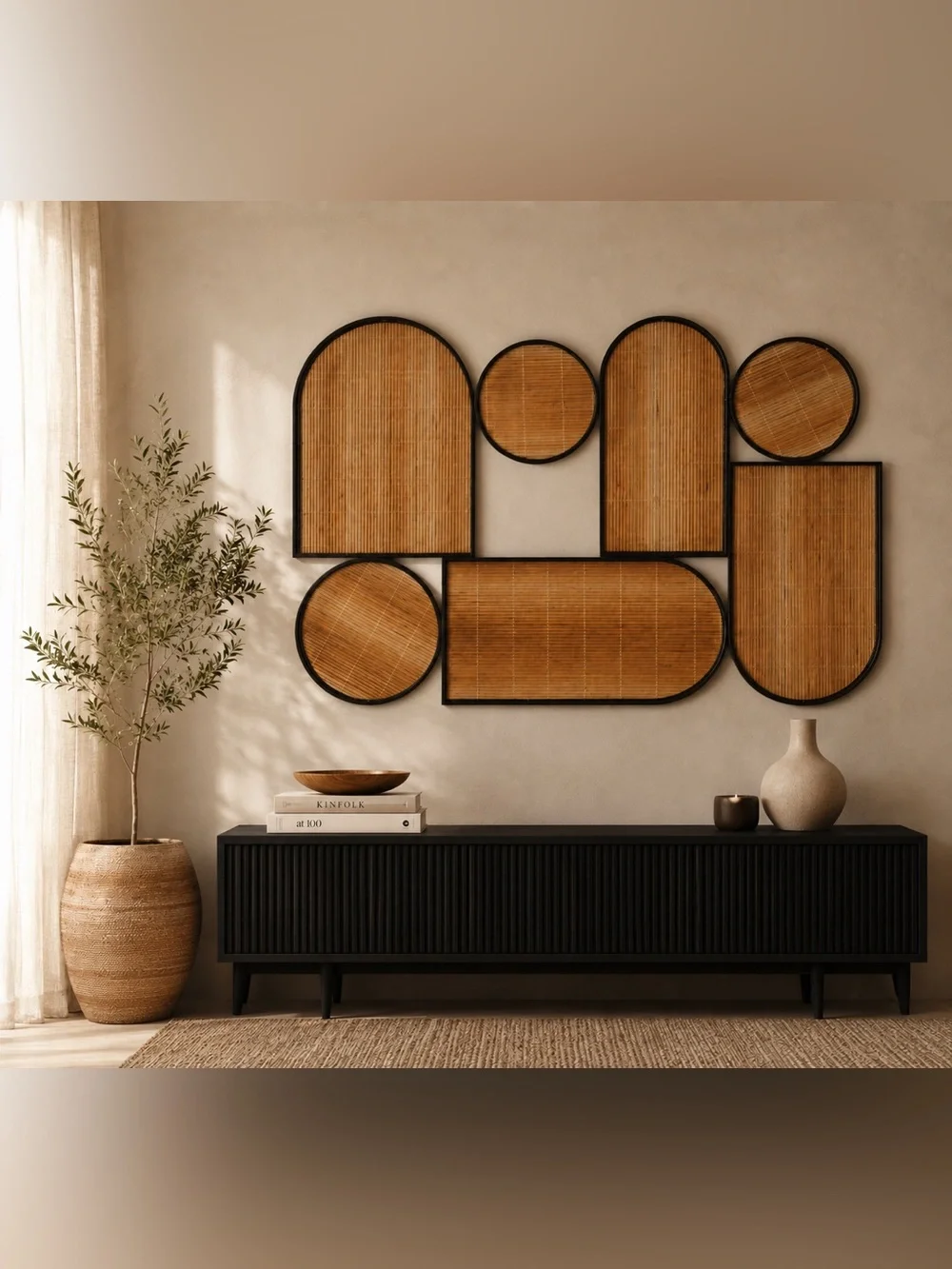 NWT Modern Woven Rattan Wall Art | Neutral Boho Home Décor Size: 26” x 36”